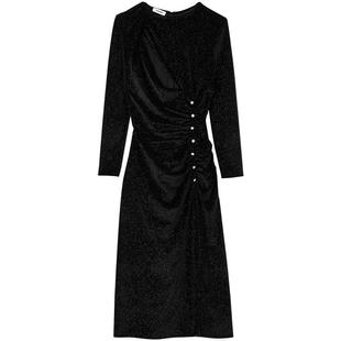 SANDRO Outlets秋冬女装法式优雅绒感黑色细闪亮片开衩长款连衣裙