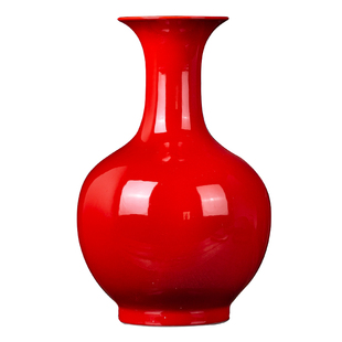 花开富贵景德镇陶瓷红色花瓶小瓷瓶摆件高级感客厅插花宽口一对圆