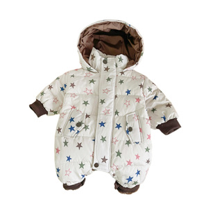 女宝宝冬季连体羽绒服婴儿新款休闲连帽白鸭绒爬服男童哈衣外出服