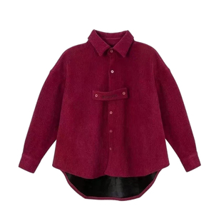 儿童新中式灯芯绒衬衫男童加绒加厚领带红色长袖男孩上衣洋气衬衣
