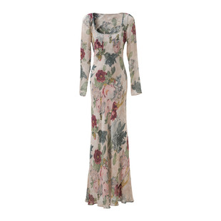 法式复古印花连衣裙女长袖长款过膝防晒春夏季新款薄裙子海边穿搭