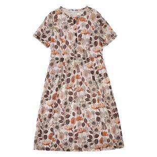 HONRN/红人优雅气质印花圆领收腰显瘦短袖连衣裙女夏HI22OL430