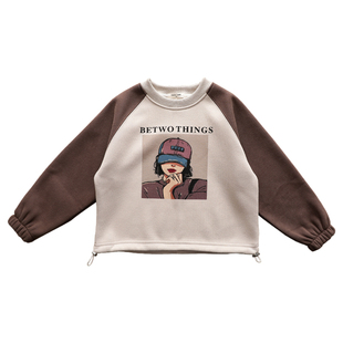 女童一体加绒圆领卫衣中大儿童插肩袖加厚洋气短款上衣深秋冬装潮