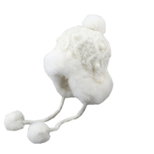 秋冬季皮草兔毛球男女宝宝儿童毛线帽子加厚加绒亲子风雪护耳保暖