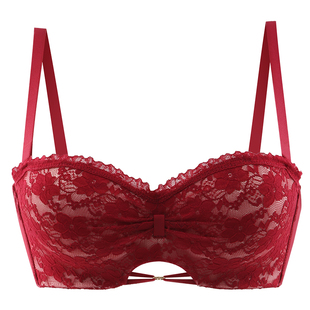 红色聚拢内衣女小胸显大收副乳防下垂性感蕾丝平胸文胸内裤一套装