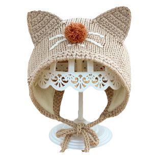 宝宝帽子秋冬季针织帽男童女童超萌可爱小猫脸球球韩版儿童护耳帽