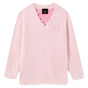 【柔雾天使】BOYLONDON春秋仿貂绒潮牌女款V领长袖针织毛衣W60902