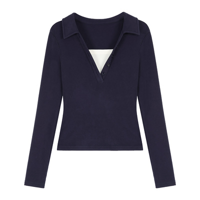 NEVA HU 高智日常 亨利领假两件长袖针织衫女撞色V领气质打底上衣