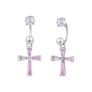 钛合金粉色十字架吊坠耳钉马蹄环耳环睡觉免摘养耳洞钛钢锆石耳饰