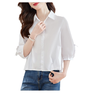 初影 白衬衫女七分袖2026夏装款小个子设计感上衣灯笼袖纯棉衬衣
