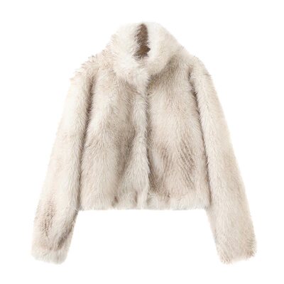 CUBIC冬日时髦混色柔软宽肩直筒立领短款环保皮草外套女CC6029