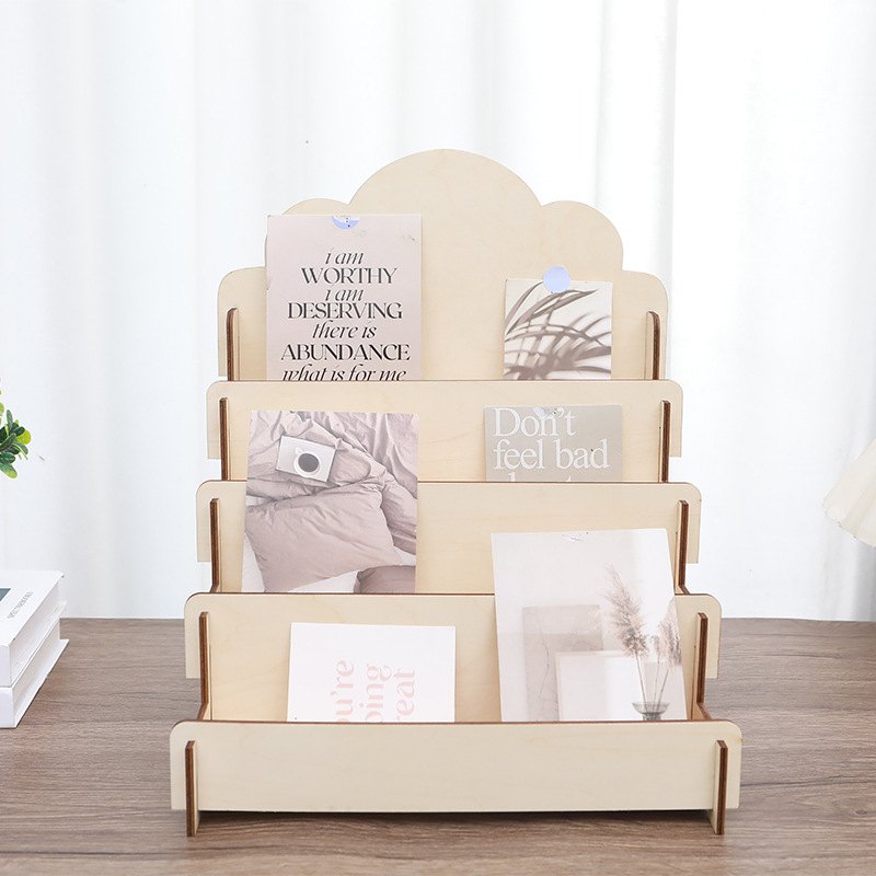 现货木制贺卡展示架阶梯式海报化妆品桌面明信片收纳架拼接置物架