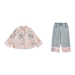 幼悠女童新中式套装2026春秋正肩唐装对襟马褂仿丝绣花直筒牛仔裤