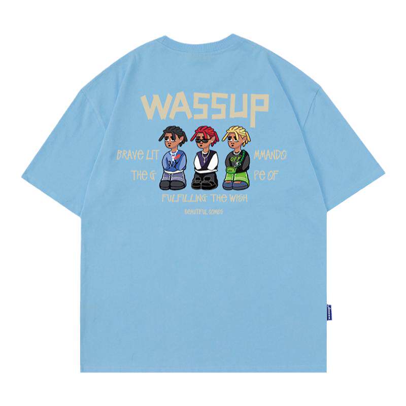 wassup夏日浅蓝色短袖t恤男