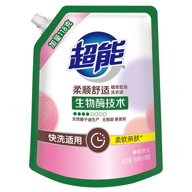 超能洗衣液植翠低泡780g+118g*2袋装馨香依兰深层洁净家庭装促销