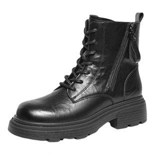 红蜻蜓马丁靴2025秋冬新款女鞋厚底系带粗跟短筒靴加绒复古机车靴