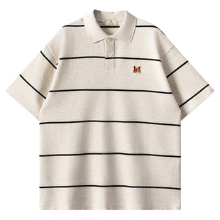 威廉福克斯夏季透气短袖POLO衫男宽松复古学院风刺绣翻领条纹T恤