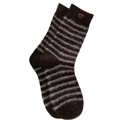 冬天加厚植绒纽扣保暖撞色羊毛袜ins潮无骨条纹女袜中筒袜堆堆袜