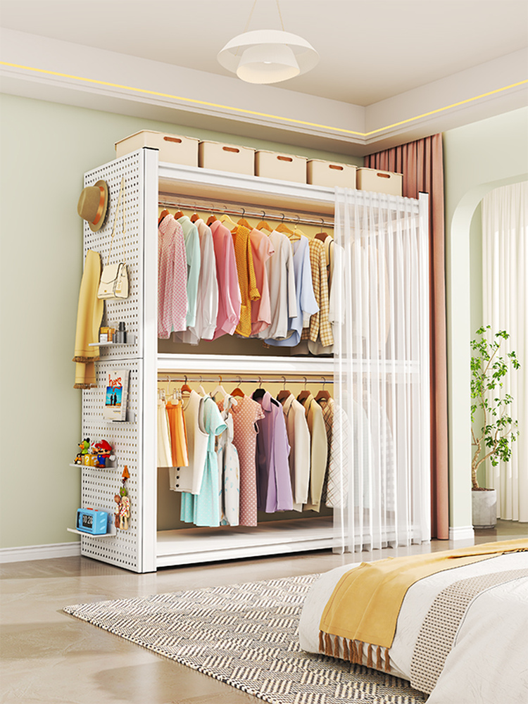 开放式货架衣柜落地洞洞板防尘帘衣架置物架角钢货架出租屋衣帽架