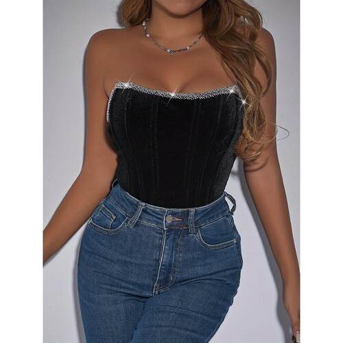 R 48109 Velvet Rhinestone Corset Bodysuit 丝绒带钻连体衣
