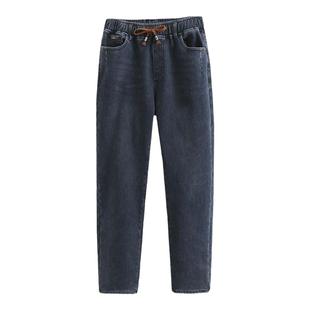 牛仔裤女士冬季韩版新款哈伦裤松紧腰抽绳加绒加厚大码显瘦老爹裤