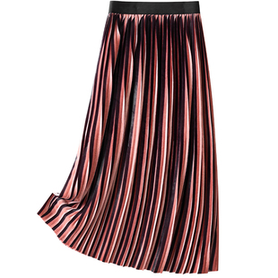 红色条纹撞色百褶裙女秋冬季丝绒半身裙2025新款A字长款大摆伞裙