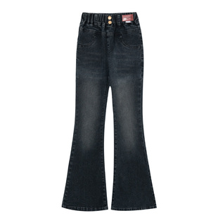 女童加绒裤子秋冬新款女孩加厚黑色微喇牛仔马蹄裤儿童冬季喇叭裤