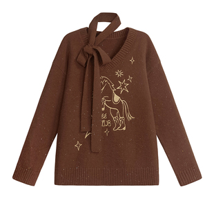 UNIFREE棕色V领毛衣秋季美式复古学院风宽松落肩新款韩系百搭上衣