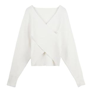 弥古白色交叉v领毛衣女内搭针织衫秋冬宽松新年红色打底短款上衣