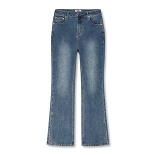 DKNY唐可娜儿春夏款微喇牛仔裤女开衩显瘦简约通勤弹力复古简约潮