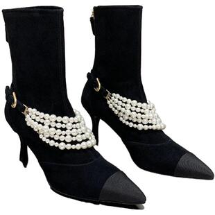 InkingPot彭姐 小香风珍珠尖头短靴女显瘦高跟真皮靴子2025年新款