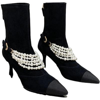 InkingPot彭姐 小香风珍珠尖头短靴女显瘦高跟真皮靴子2025年新款