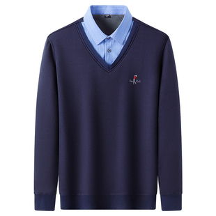 保罗冬季新品假两件保暖衬衫加绒加厚针织衫爸爸装棉羊毛衬衣男装