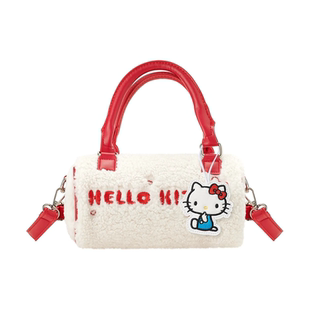 三丽鸥正版凯蒂猫KT毛绒圆筒包秋冬刺绣可爱卡通收纳包萌斜挎包萌