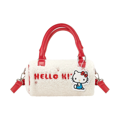 三丽鸥正版凯蒂猫KT毛绒圆筒包秋冬刺绣可爱卡通收纳包萌斜挎包萌