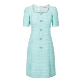 LIME莱茵小香风粗花呢连衣裙水绿色秋季新款方领法式优雅裙子