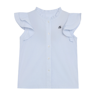 suntomorrow女童条纹衬衫春季新款荷叶边飞袖学院风儿童女孩上衣