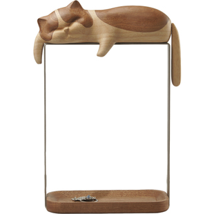 几人设计懒猫玄关入户摆件高级感实木收纳架创意钥匙托盘新居礼物