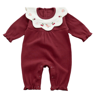女宝宝连体衣满月百天套装酒红色喜庆新生婴儿公主洋气马年过年服