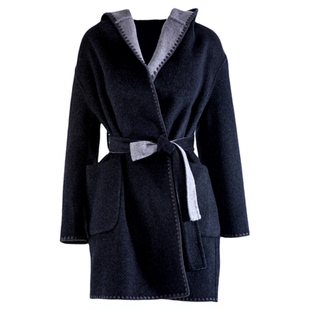 Orchel/欧榭丽女松弛感连帽中长款系带收腰减龄灰色羊毛毛呢大衣