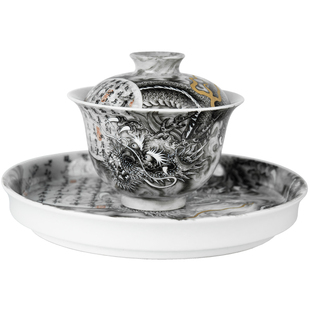 圣山景德镇粉彩书卷墨龙手绘陶瓷茶具盖碗手工中式陶瓷盖碗茶杯