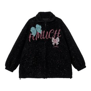 TCH轻奢甜酷烫钻字母宽松保暖高领摇粒绒毛毛外套女T78A27E1001