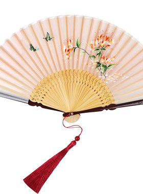 461新中式国风折扇烫金7寸真丝女式马面裙扇子真丝舞蹈折叠扇竹扇