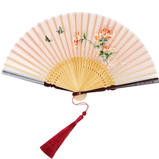 461新中式国风折扇烫金7寸真丝女式马面裙扇子真丝舞蹈折叠扇竹扇