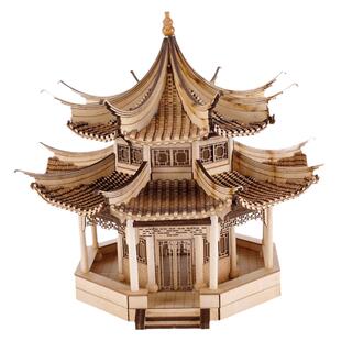 中式木diy手工制作仿古建筑模型材料拼装迷你八角重檐亭双凤亭子