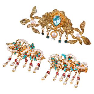 古风烧蓝发夹珍珠配饰唐风明制头饰发冠简约汉服古代发饰气质发钗