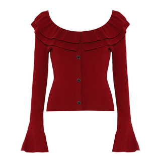 DPLAY2025秋通勤风红色U领荷叶边针织衫修身针织套头毛衣上衣女