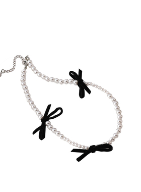 轻奢小众甜美丝绒蝴蝶结珍珠锁骨