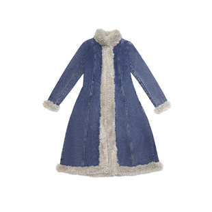 哟酷酷（恶棍天使）美式复古做旧洗水夹棉保暖加厚长款牛仔外套女