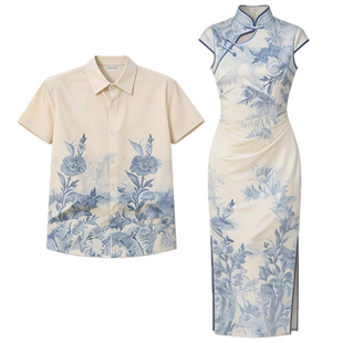 新中式情侣装夏季小众设计感短袖衬衫女旗袍连衣裙法式一裙一衣潮